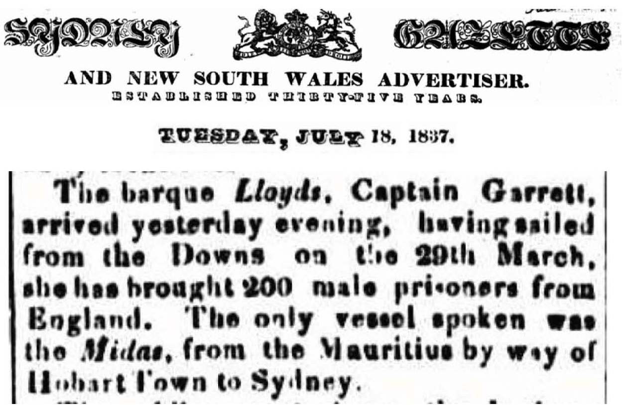 Newspaper Notice of the Barque 'Lloyds' arrival in Port Jackson (Sydney)