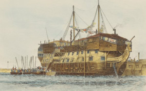 Painting of a similar prison hulk to the Fortitude, moored at Woolwich, England